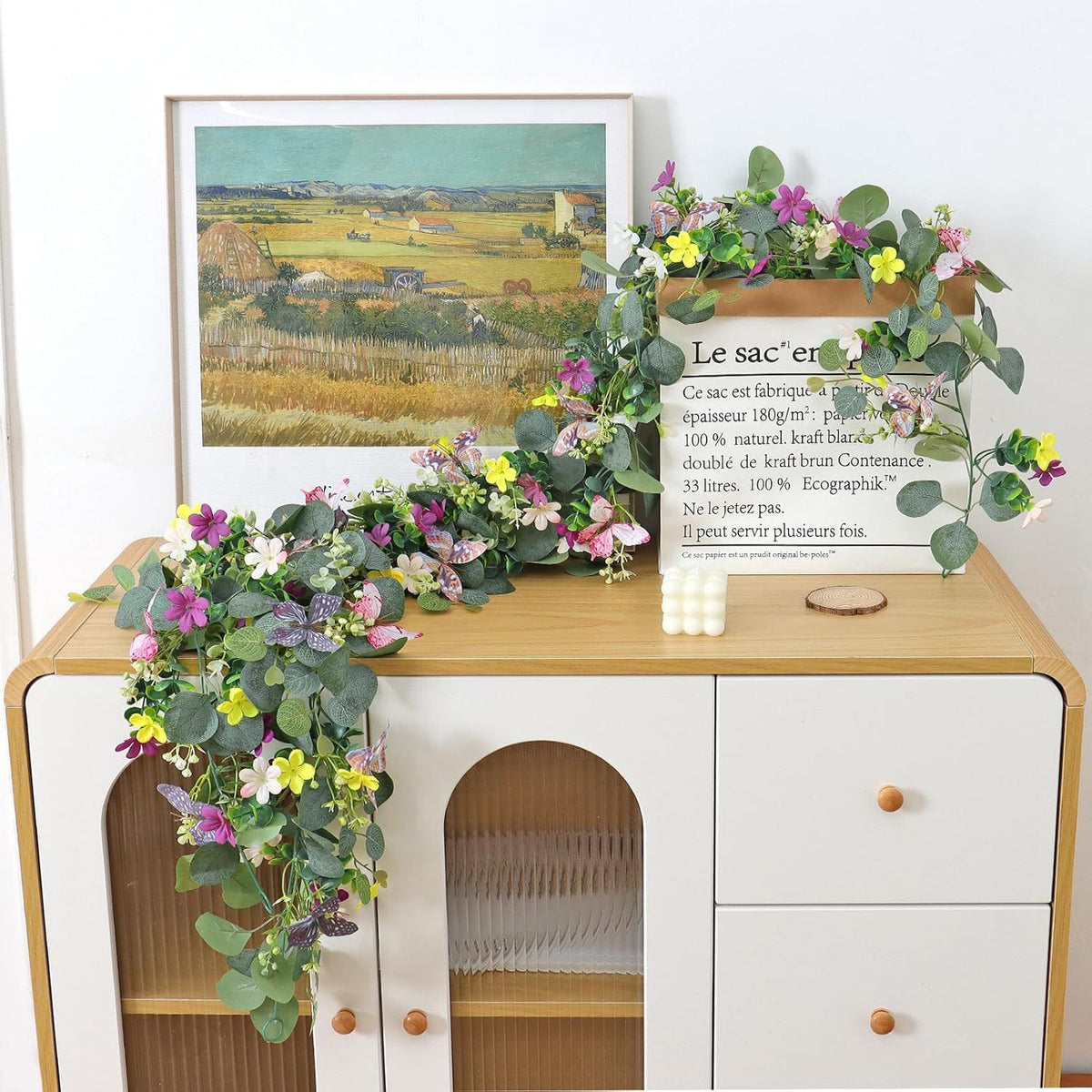 2 Pack Artificial Eucalyptus Garland with 3D Butterflies, Mixed Purple Yellow White Wildflower Fake Greenery Vine, 1.8m Bendable Floral Table Runner, Spring Farmhouse Decor for Wedding Dining Table Mantel Arch Covered Outdoor Patio