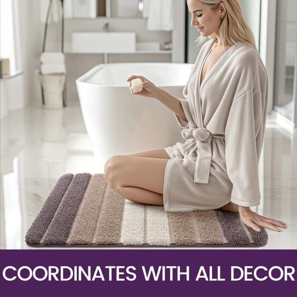 Soft Absorbent Bath Mat Non‑Slip Bathroom Rug Machine Washable 40x60cm Beige Striped