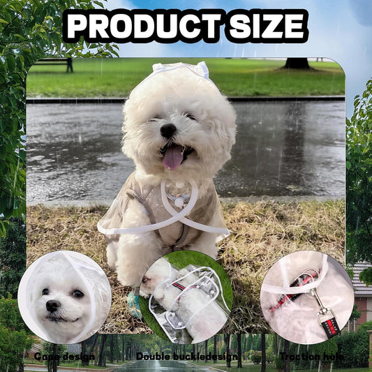 Clear Dog Rain Poncho for Small Medium Dogs - Heavy Waterproof Raincoat with Hidden Leash Hole & Adjustable Snaps - Transparent, Pet Hooded Cape for Bichon Poodle (4-8lbs)