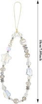 Beaded Camera Strap Wrist Cute Glass Beads Star Digital Phone Wrist Charms, Y2k Style Pearl Camera Charm Strap for Phone Case Bag Keychain Wallet(Silver-White)