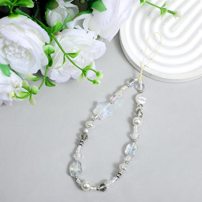 Beaded Camera Strap Wrist Cute Glass Beads Star Digital Phone Wrist Charms, Y2k Style Pearl Camera Charm Strap for Phone Case Bag Keychain Wallet(Silver-White)