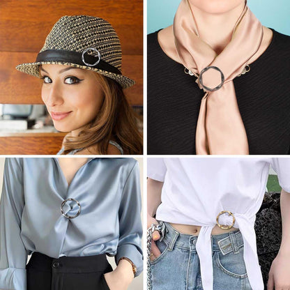 Tie Clips for Women & Girls - Twist Tee Knot Scarf Clip Waist Clothes Corner Knotted Button Fashion Metal Circle Buckle Alloy Clothing Ring Wrap Holder Round Scarves Clasp