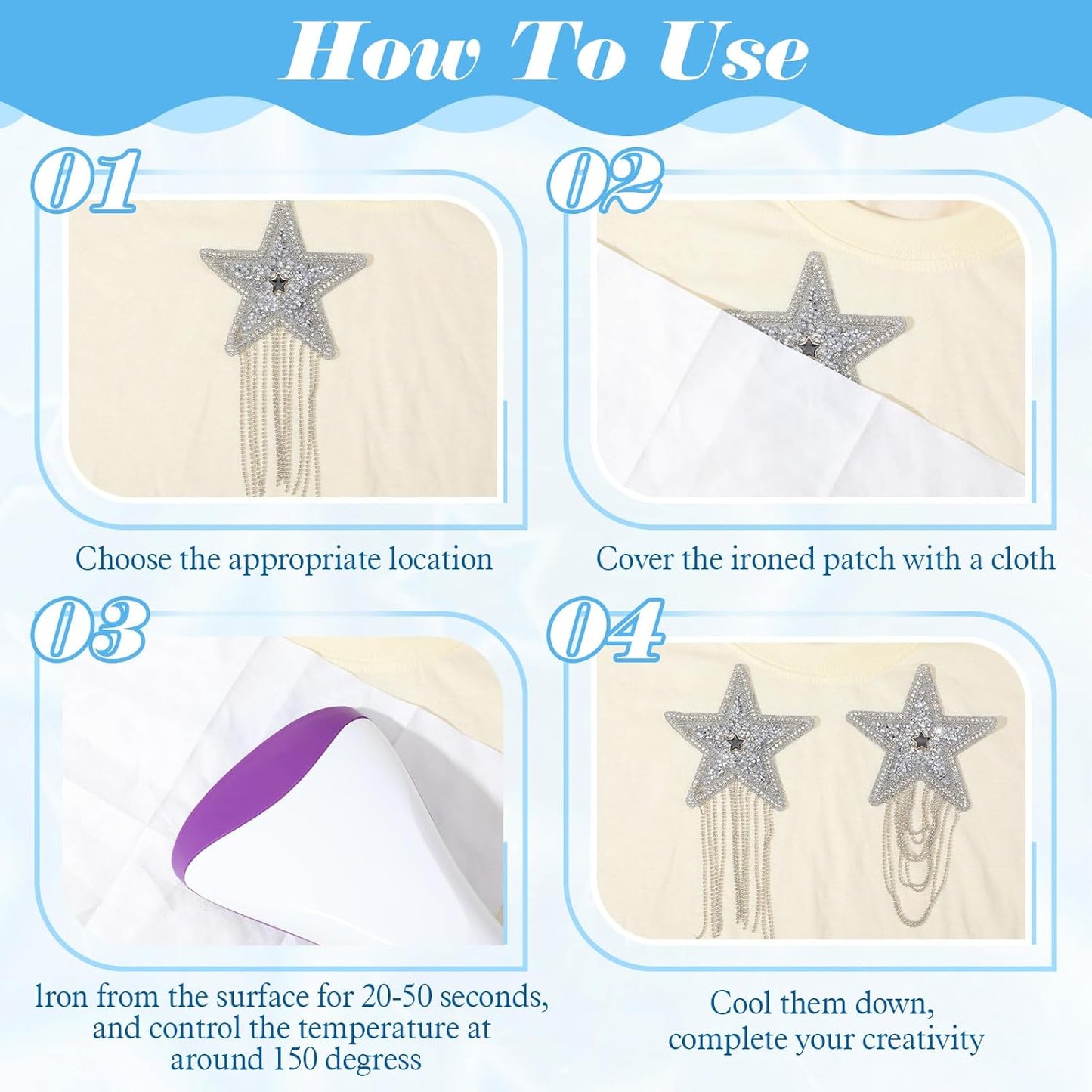 6PCS Rhinestone Star Iron on Patches, Shiny Silver Rhinestone Tassel Star with Chains Glitter Sequin Patches for Trucker Hats Jeans Bags Backpacks Jackets Denim DIY Appliques Art Crafts