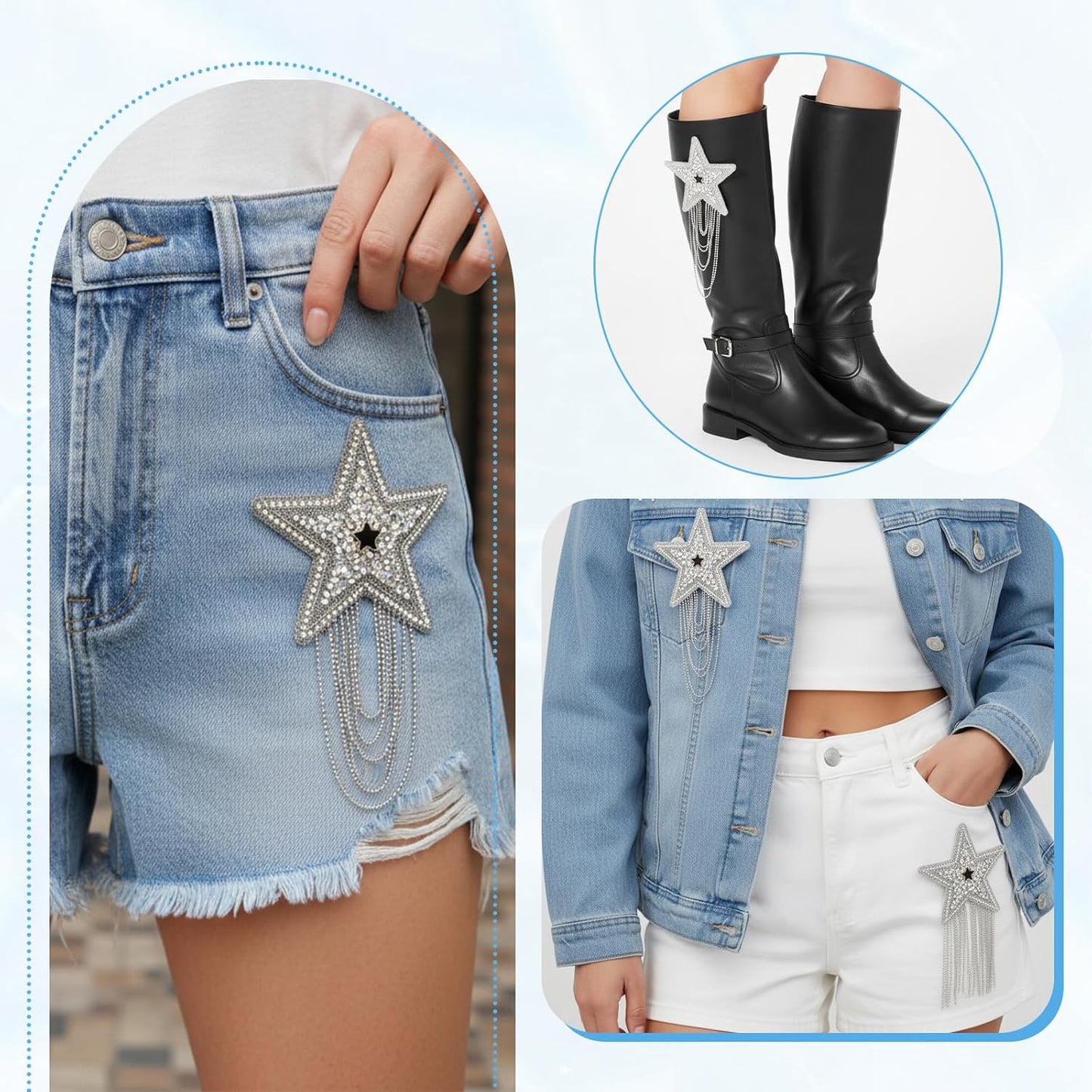 6PCS Rhinestone Star Iron on Patches, Shiny Silver Rhinestone Tassel Star with Chains Glitter Sequin Patches for Trucker Hats Jeans Bags Backpacks Jackets Denim DIY Appliques Art Crafts