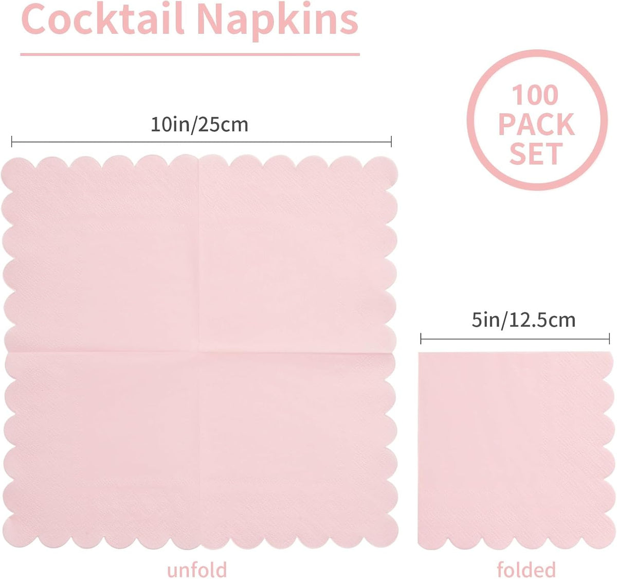 100 Pack Cocktail Napkin 2-Ply Scalloped Edged Dessert Napkins Folded 5 x 5 Inches Disposable Napkins for Dinner Wedding Birthday Party Bridal Anniversary Recepti Event (Pink)