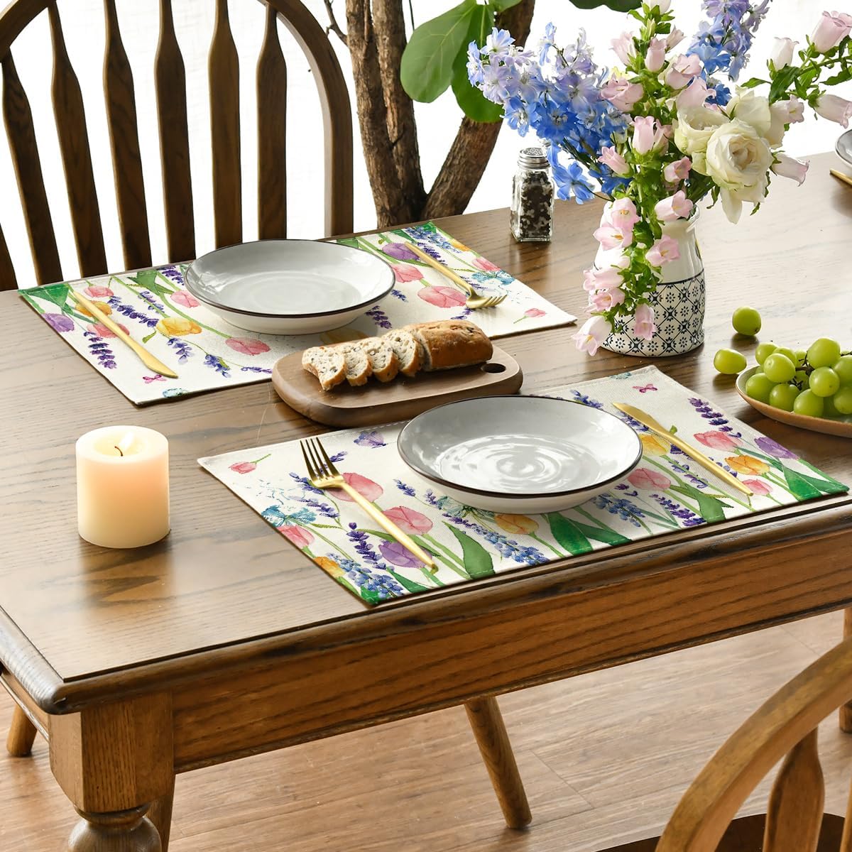 Lavender Tulip Spring Placemats for Dining Table, 12 x 18 Inch Summer Seasonal Holiday Decoration Rustic Vintage Washable Table Mats Set of 4