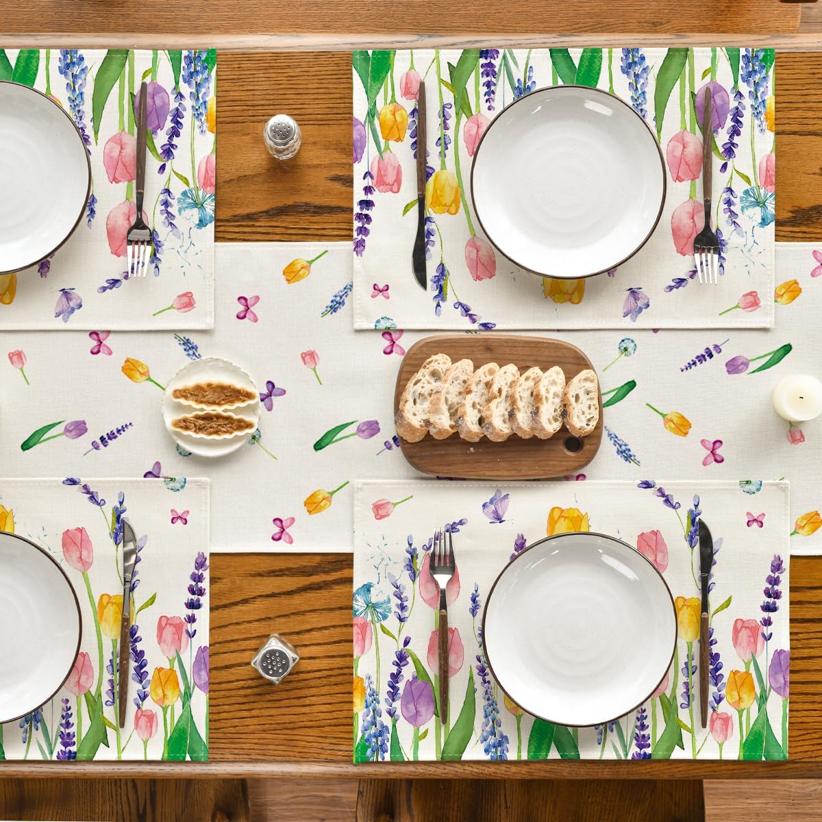 Lavender Tulip Spring Placemats for Dining Table, 12 x 18 Inch Summer Seasonal Holiday Decoration Rustic Vintage Washable Table Mats Set of 4