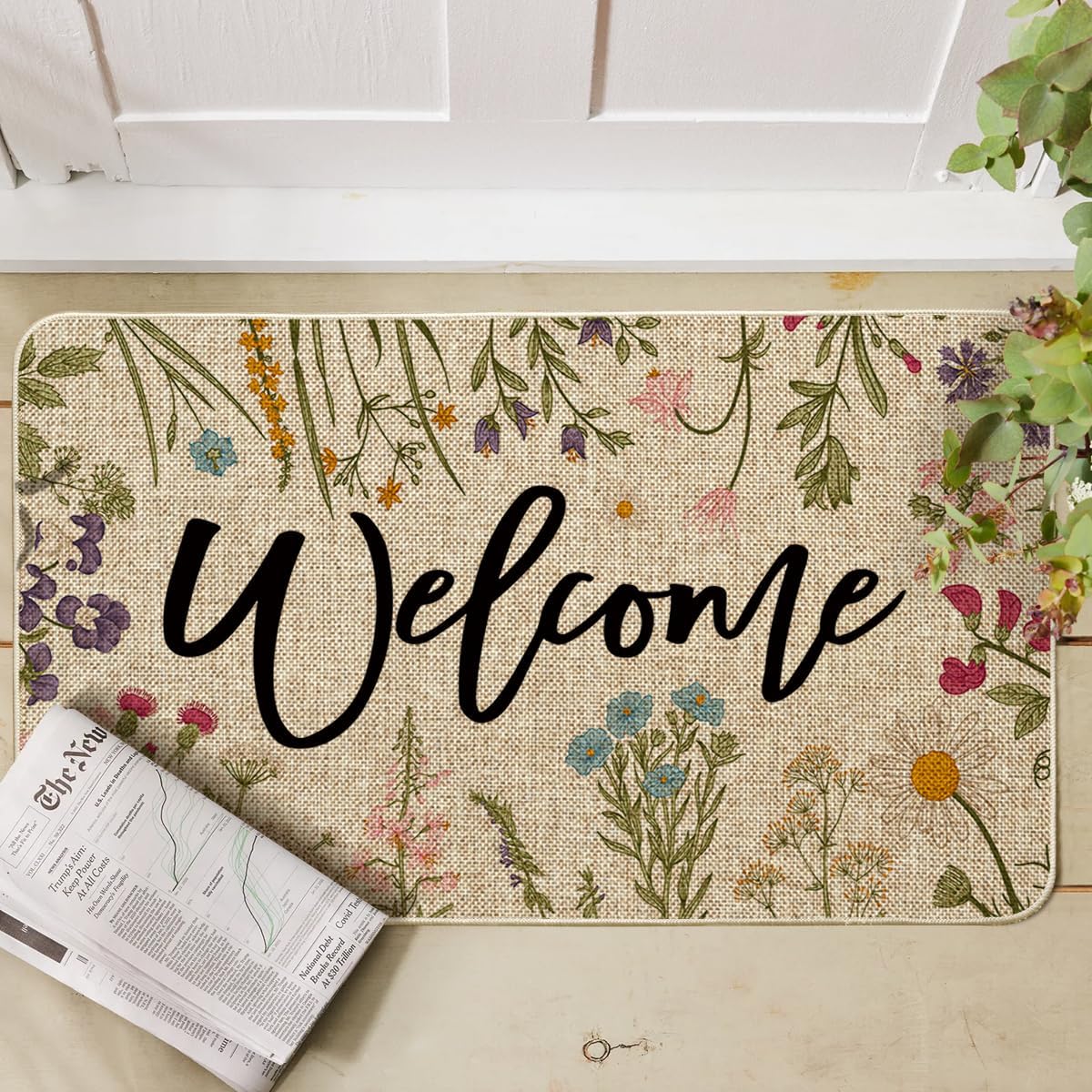 Wild Flowers Welcome Summer Doormat, Spring Home Decor Low-Profile Switch Rug Door Mat Floor Mat for Indoor Outdoor 17x29 Inch