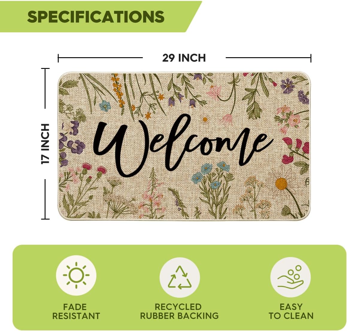 Wild Flowers Welcome Summer Doormat, Spring Home Decor Low-Profile Switch Rug Door Mat Floor Mat for Indoor Outdoor 17x29 Inch
