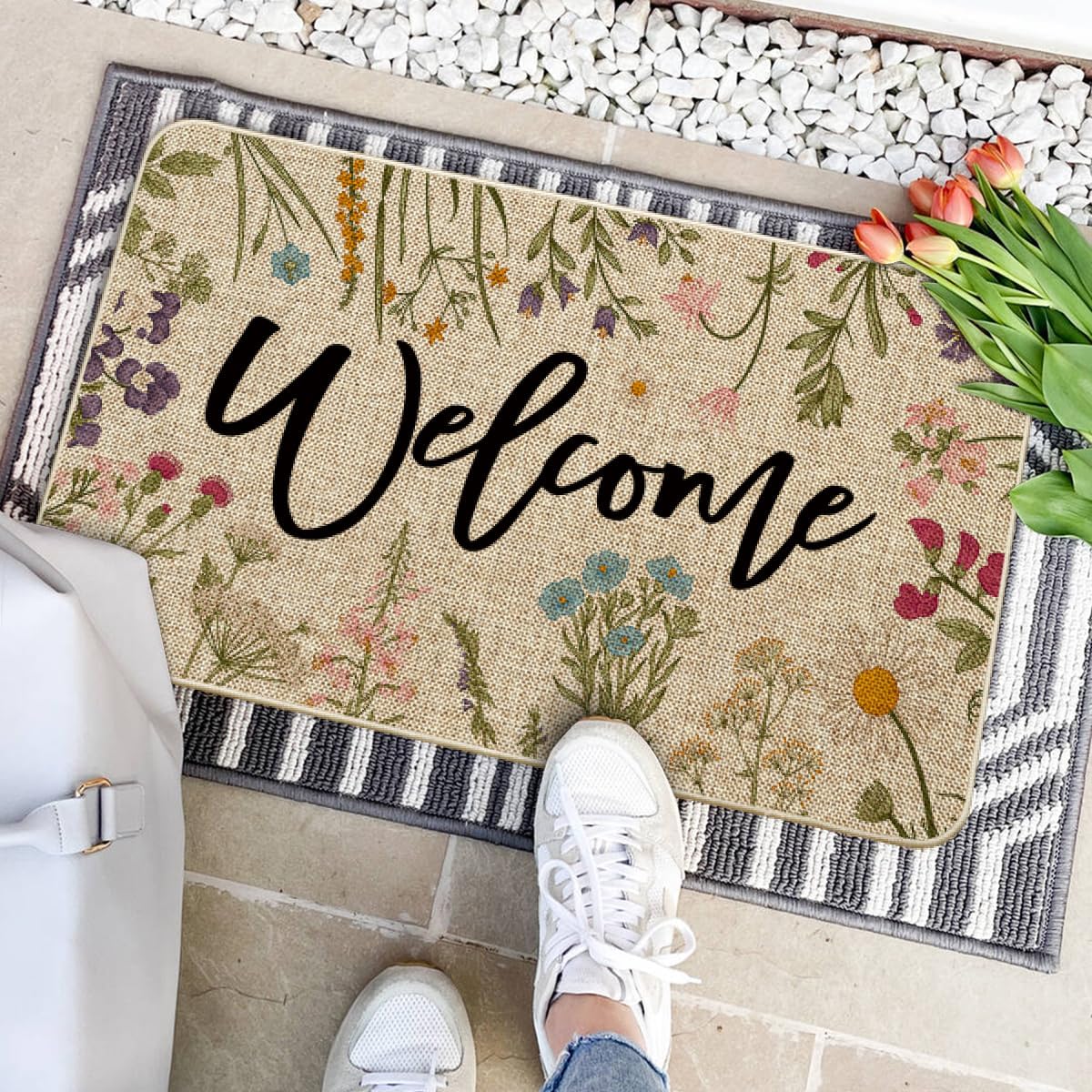 Wild Flowers Welcome Summer Doormat, Spring Home Decor Low-Profile Switch Rug Door Mat Floor Mat for Indoor Outdoor 17x29 Inch