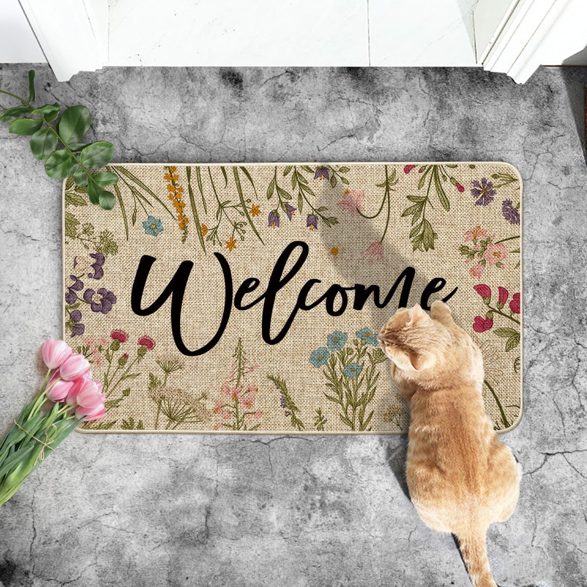 Wild Flowers Welcome Summer Doormat, Spring Home Decor Low-Profile Switch Rug Door Mat Floor Mat for Indoor Outdoor 17x29 Inch