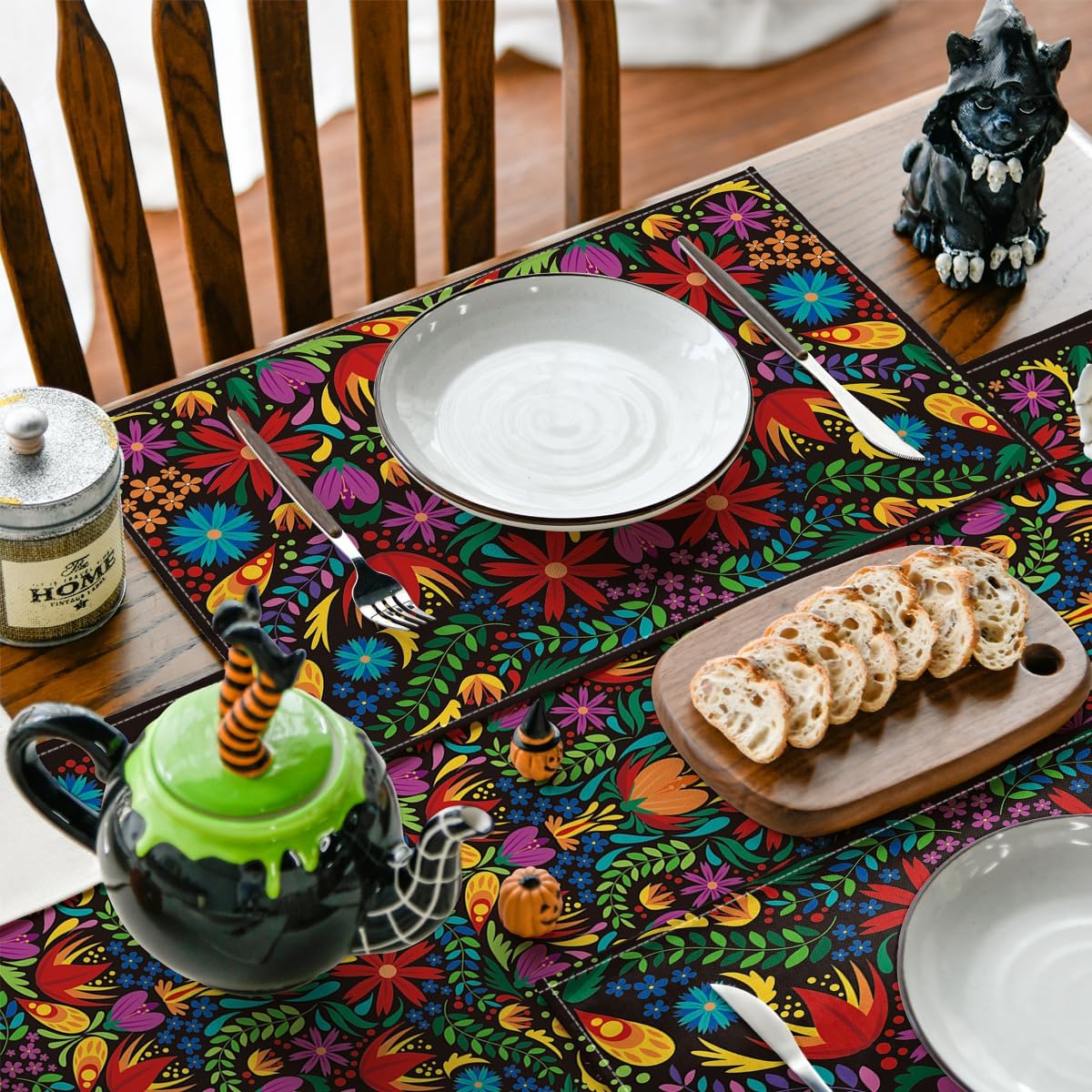 Mexican Cinco De Mayo Placemats for Dining Table, 12 x 18 Inch Floral Fiesta Dia De Los Muertos Decoration Washable Table Mats Set of 4
