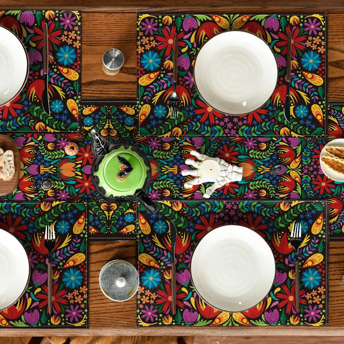Mexican Cinco De Mayo Placemats for Dining Table, 12 x 18 Inch Floral Fiesta Dia De Los Muertos Decoration Washable Table Mats Set of 4