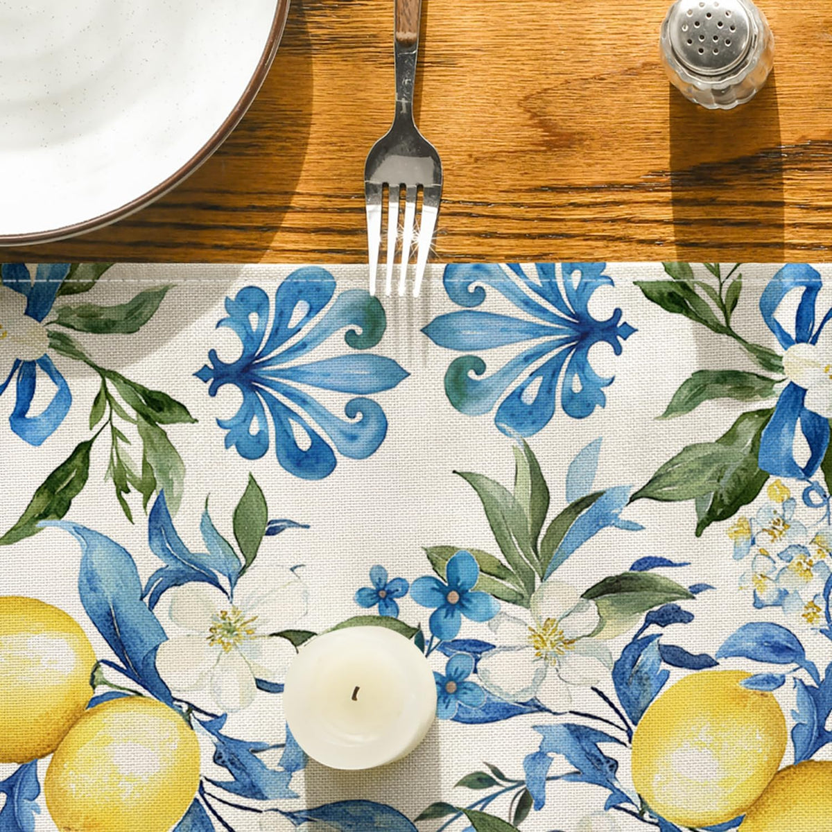 Blue Lemon Iris Summer Table Runner, Seasonal Spring Kitchen Dining Table Decor for Home Party Decor 13x72 Inch