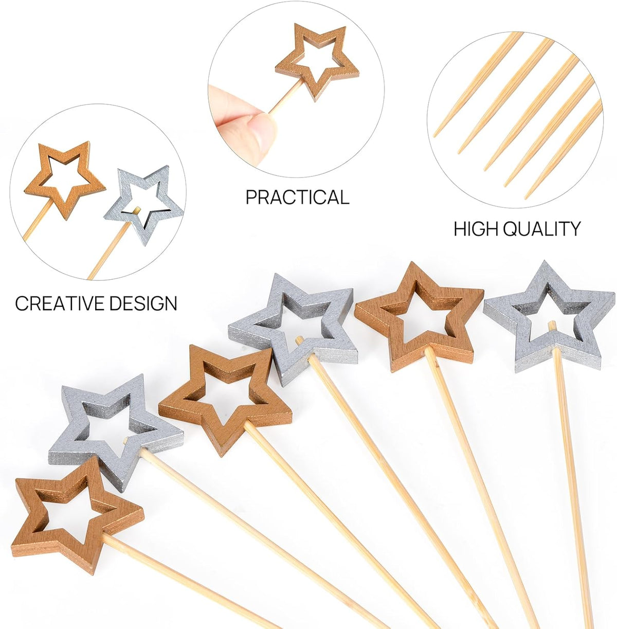 100 Pack Star Toothpicks for Appetizers, 5.5 Inch Natural Bamboo Cocktail Picks for Cake Dessert Food Fruit Christmas Party Decorations (Two-Color)
