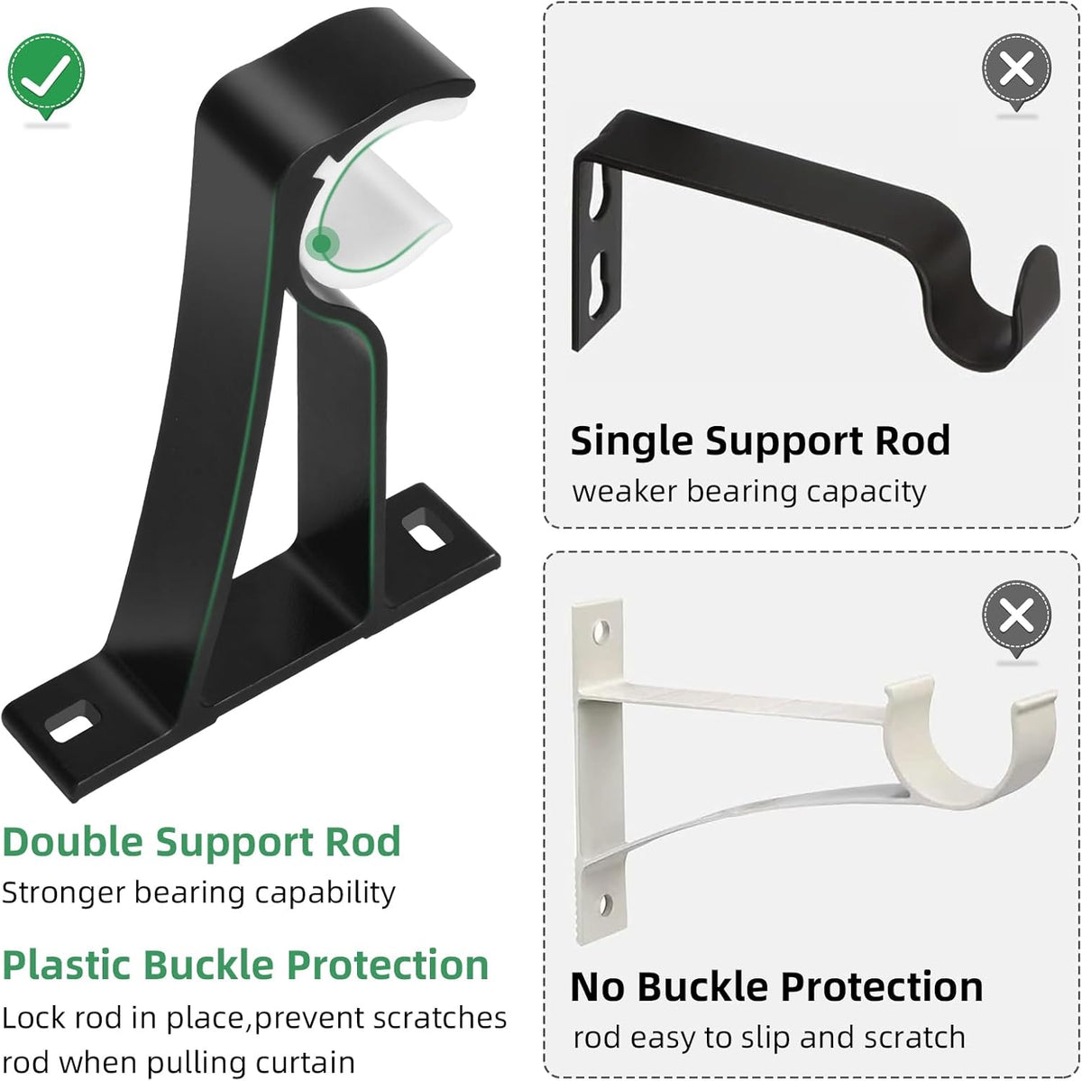 Curtain Rod Bracket, 4 Pack Heavy Duty Rods Holders Black Curtain Rod Hooks Brackets for Wall Single Drapery Rods Hangers Support Fit for 1 Inch Drape Pole