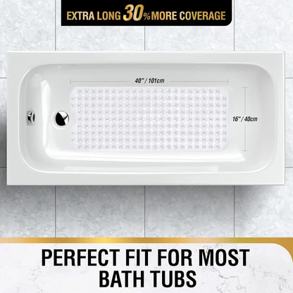 Bath Mat for Tub, Non Slip Bathtub Mat, 101x40cm Extra Long Bath Tub Mat, Machine Washable Bathroom Shower Mat with Suction Cups and Drain Holes, Soft on Feet, Clear