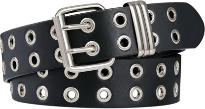 Grommet Leather Belt with Detachable Chain Women Men Punk Rock Waist Belts for Jeans Pants