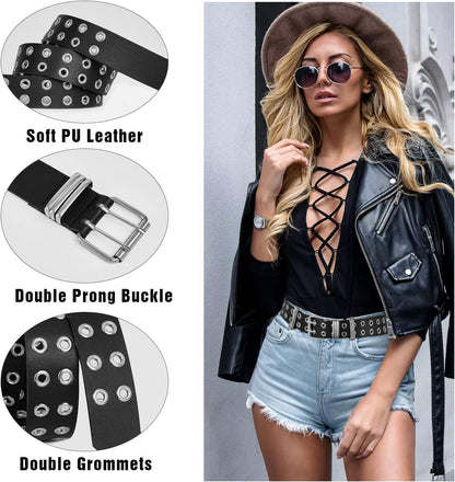Grommet Leather Belt with Detachable Chain Women Men Punk Rock Waist Belts for Jeans Pants