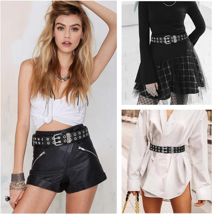 Grommet Leather Belt with Detachable Chain Women Men Punk Rock Waist Belts for Jeans Pants