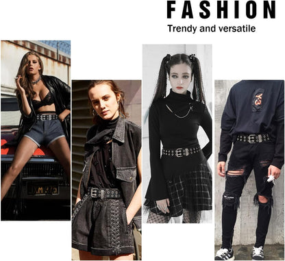 Grommet Leather Belt with Detachable Chain Women Men Punk Rock Waist Belts for Jeans Pants