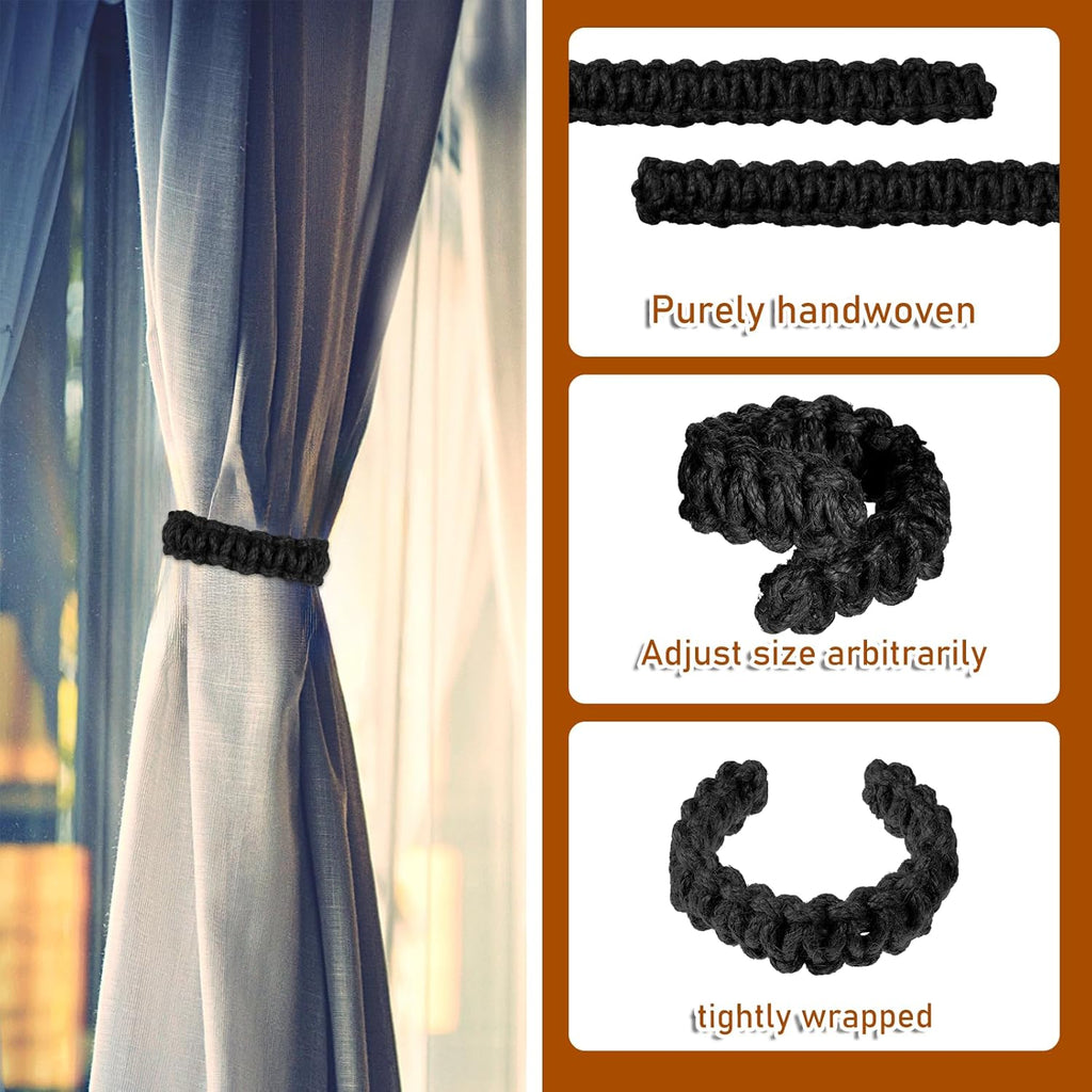 4 Pack Braided Curtain Tiebacks Boho Elegant Rustic Curtain Holdbacks Tie Backs Holders Set Simple Light Weight Drapes Decorative Accessories Handmade for Home Office Bedroom Window (4, Black)