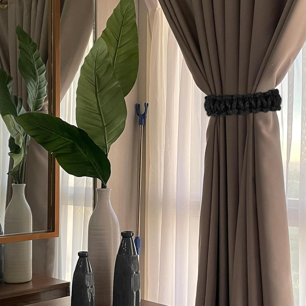 4 Pack Braided Curtain Tiebacks Boho Elegant Rustic Curtain Holdbacks Tie Backs Holders Set Simple Light Weight Drapes Decorative Accessories Handmade for Home Office Bedroom Window (4, Black)