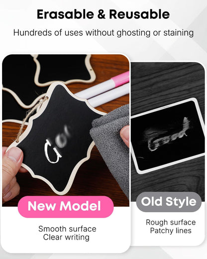 24 Pack Mini Chalkboard Signs for Food, Small Chalkboard Signs with Strings Chalk Markers & Replacement Stickers, Hanging Chalkboards Sign Reusable Wooden Food Labels for Party Buffet Wedding