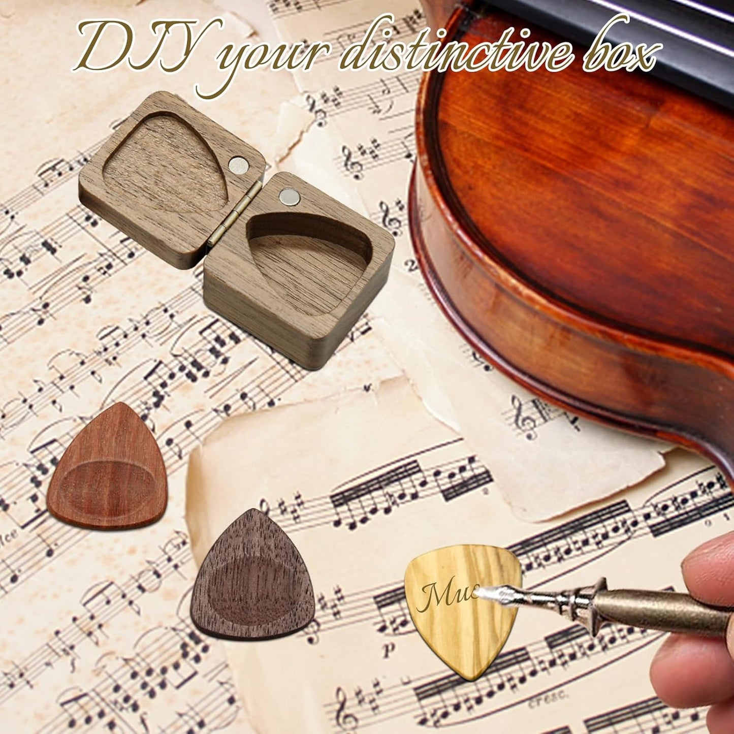 Wood Guitar Picks with Guitar Pick Box, Personalized Guitar Picks Holder, Guitar Pick Case Storage for Boyfriend Coworker Son Husband, Guitar and Bass Accessories(1Guitar Pick Holder & 3 Guitar Picks)