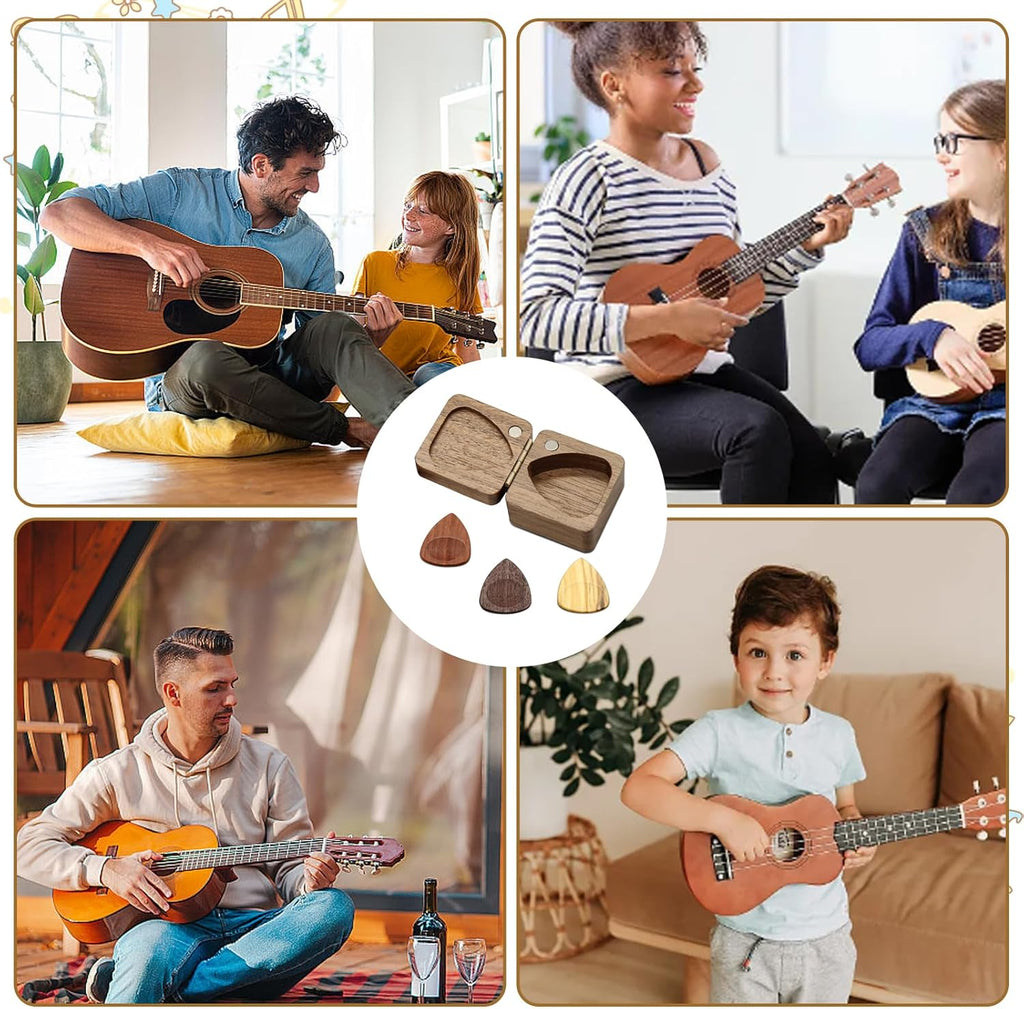 Wood Guitar Picks with Guitar Pick Box, Personalized Guitar Picks Holder, Guitar Pick Case Storage for Boyfriend Coworker Son Husband, Guitar and Bass Accessories(1Guitar Pick Holder & 3 Guitar Picks)