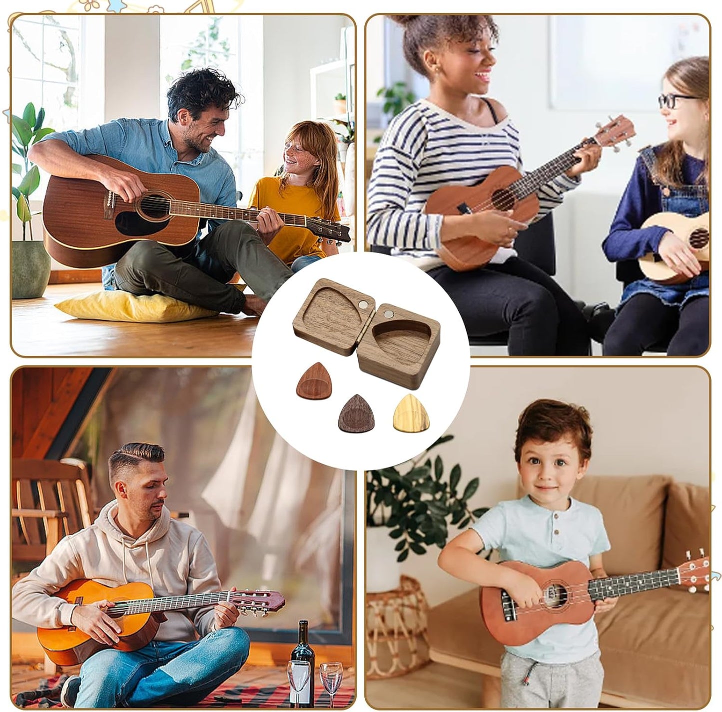 Wood Guitar Picks with Guitar Pick Box, Personalized Guitar Picks Holder, Guitar Pick Case Storage for Boyfriend Coworker Son Husband, Guitar and Bass Accessories(1Guitar Pick Holder & 3 Guitar Picks)