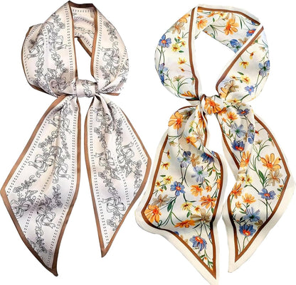 2 Pcs 59 Inch Silk Head Scarf Hair Neck Scarves Women's Fashion Square Neck Satin Scarfs for Women Purse Bag Scarfs for Handbags Silky Long Satin Headscarf