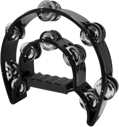 Tambourine Double Row, Metal Jingles Hand Held Percussion, Half Moon Tambourine for Kids/Adults/Party Kids-Black