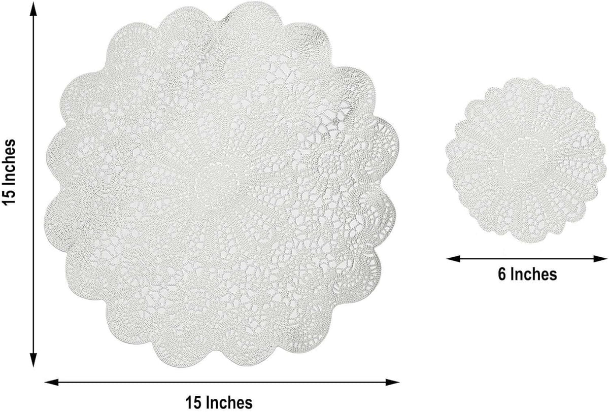 Efavormart 6 Pack 15" White Vintage Floral Vinyl Placemats - Non-Slip Round Metallic Lace Cutout Dining Mats for Wedding Events and Birthday Party Decor