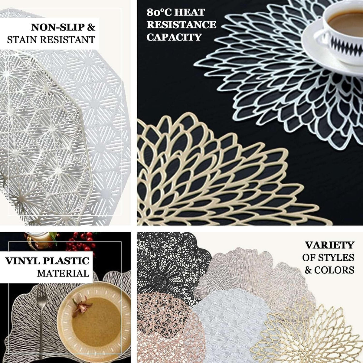 Efavormart 6 Pack 15" White Vintage Floral Vinyl Placemats - Non-Slip Round Metallic Lace Cutout Dining Mats for Wedding Events and Birthday Party Decor
