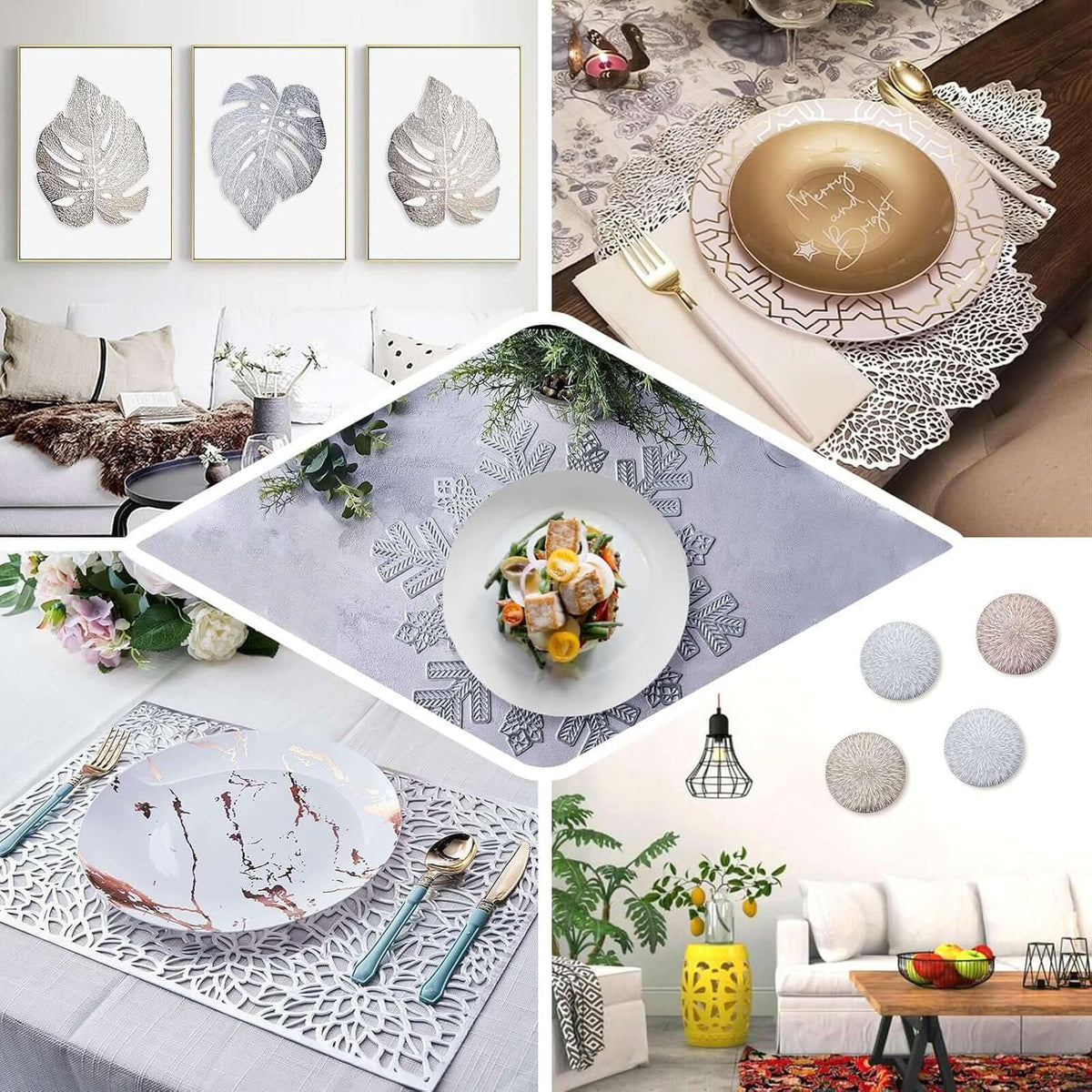 Efavormart 6 Pack 15" White Vintage Floral Vinyl Placemats - Non-Slip Round Metallic Lace Cutout Dining Mats for Wedding Events and Birthday Party Decor