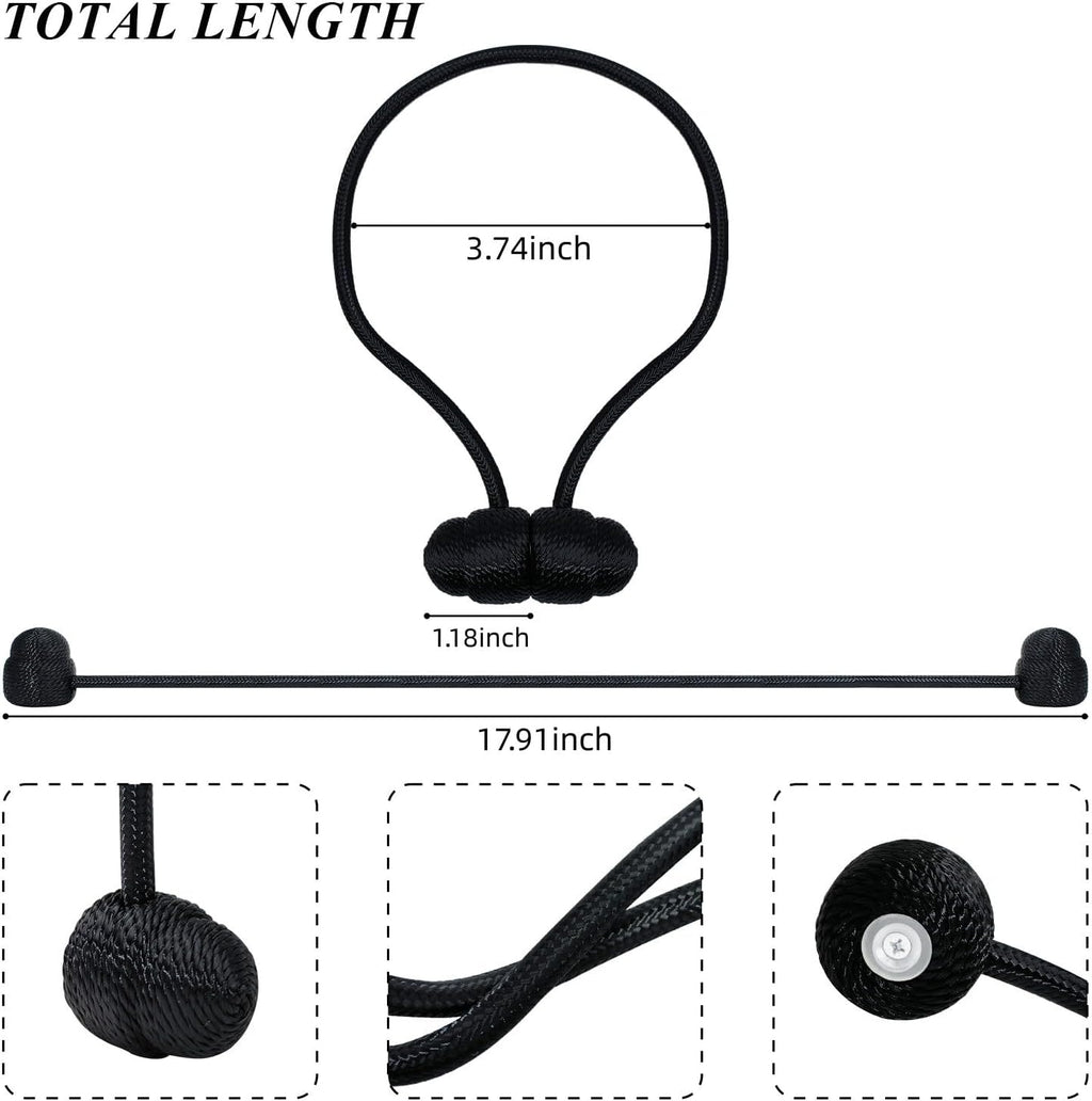 Black Magnetic Curtain Tiebacks - 4pcs Decorative Curtain Tie Backs, No Drill Closure Drapery Tiebacks Holdbacks, Boho Drapes Straps Ropes for Bedroom, Bathroom, Farmhouse Decor
