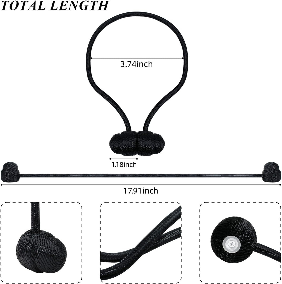 Black Magnetic Curtain Tiebacks - 4pcs Decorative Curtain Tie Backs, No Drill Closure Drapery Tiebacks Holdbacks, Boho Drapes Straps Ropes for Bedroom, Bathroom, Farmhouse Decor