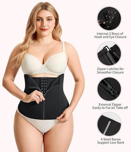 Women's Black Waist Trainer with Zipper Shapewear Tummy Control Body Shaper Sport Slimming Belt