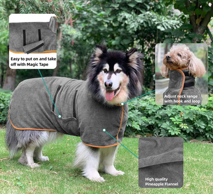 Dog Bathrobe - 1 Piece - Size M - Grey with Orange Piping - Absorbent Dog Towel - Adjustable Strap Dog Robe - Pet Drying Coat