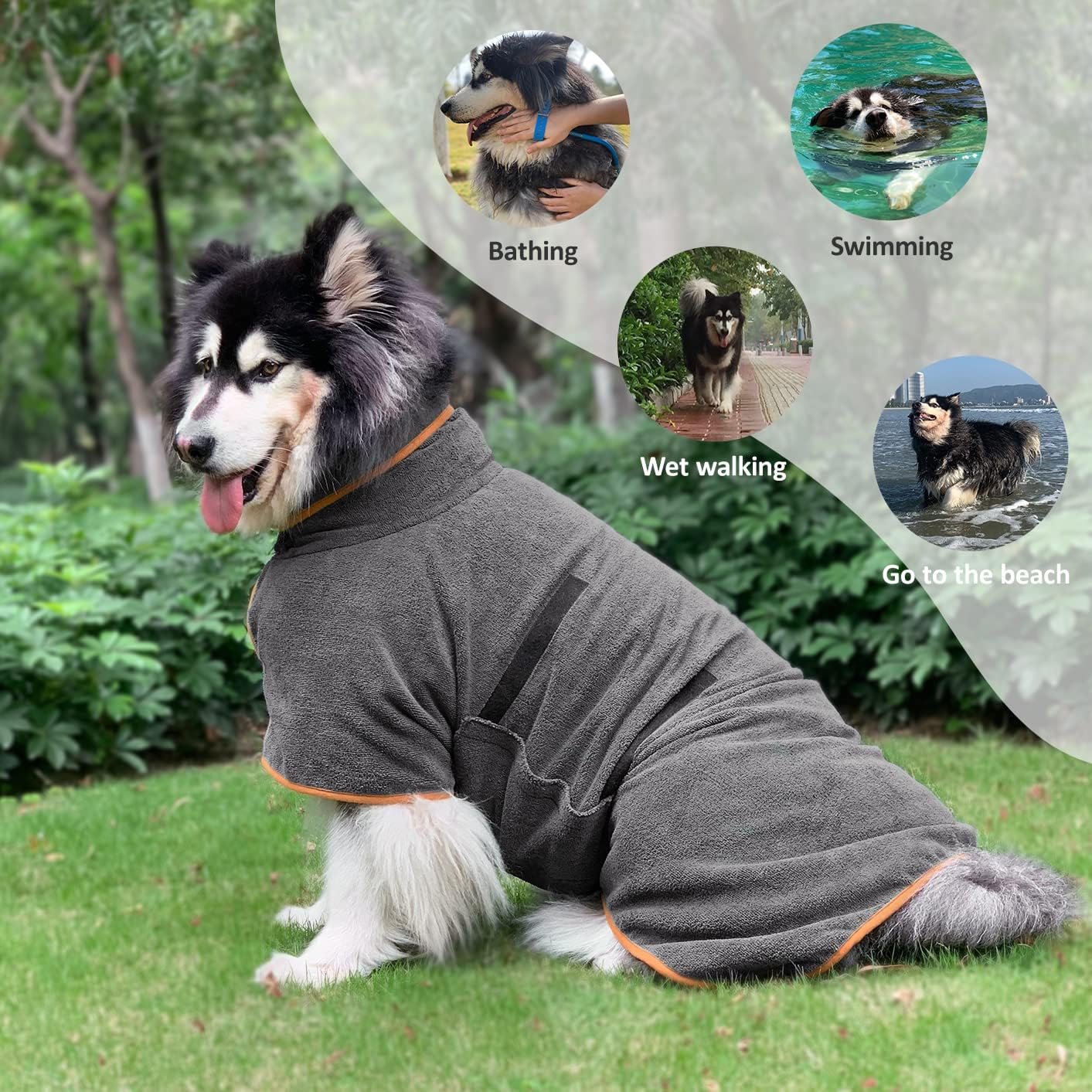 Dog Bathrobe - 1 Piece - Size M - Grey with Orange Piping - Absorbent Dog Towel - Adjustable Strap Dog Robe - Pet Drying Coat