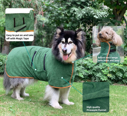Dog Bathrobe - Size M - Green with Orange Trim - Absorbent Pet Towel with Adjustable Strap