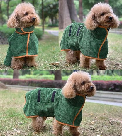 Dog Bathrobe - Size M - Green with Orange Trim - Absorbent Pet Towel with Adjustable Strap