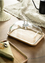 Mini Cake Stand with Glass Dome - Wooden Serving Board for Cupcakes Cheese - Butter Dome as Kitchen Decoration Gift