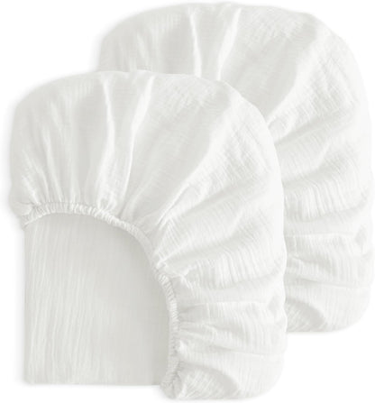 2 Pack Muslin Cott Mini Crib Sheets, Soft and Breathable Double Layer 24x38 Baby Crib Sheets for Mini Crib and Toddler Mattresses, Boys, Girls, Unisex, White, 24x38 Inches