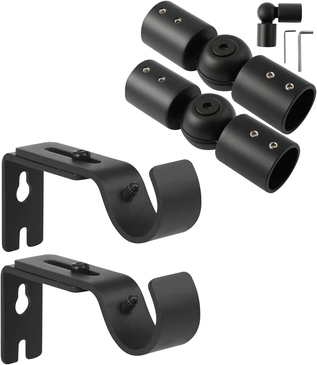 Adjustable 1 Inch Curtain Rod Brackets, Black Iron Wall Mounts, 2 Pack