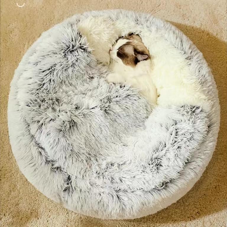 Cat Bed Round Fluffy Hooded Cat Bed Cave, Anti-Anxiety Cave Bed with Hooded Blanket, Cozy Cuddler Luxury Puppy Pet Bed, Anti-Slip Bottom and Machine Washable (Grey, Medium)