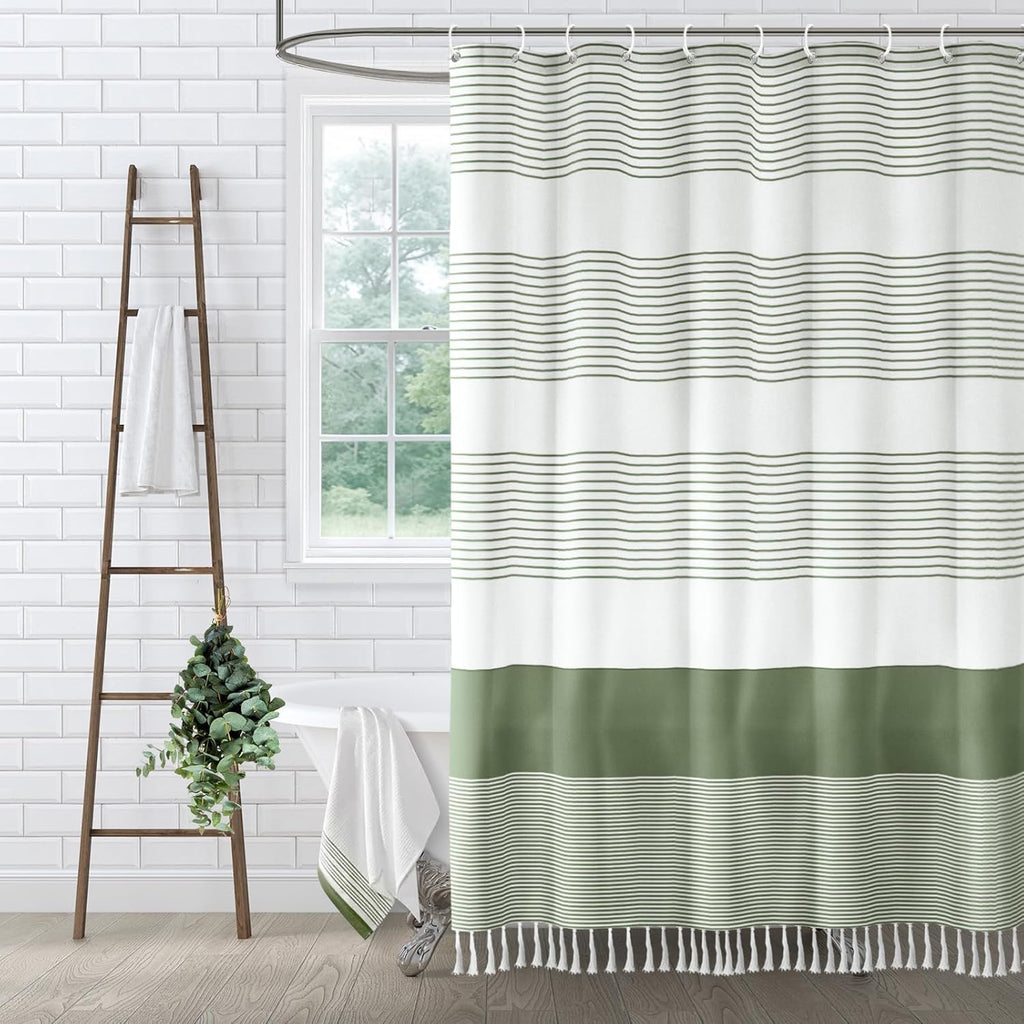 Sage Green Shower Curtain Cotton Boho Striped Shower Curtains for Bathroom with Tassel 72 X 72