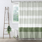 Sage Green Shower Curtain Cotton Boho Striped Shower Curtains for Bathroom with Tassel 72 X 72