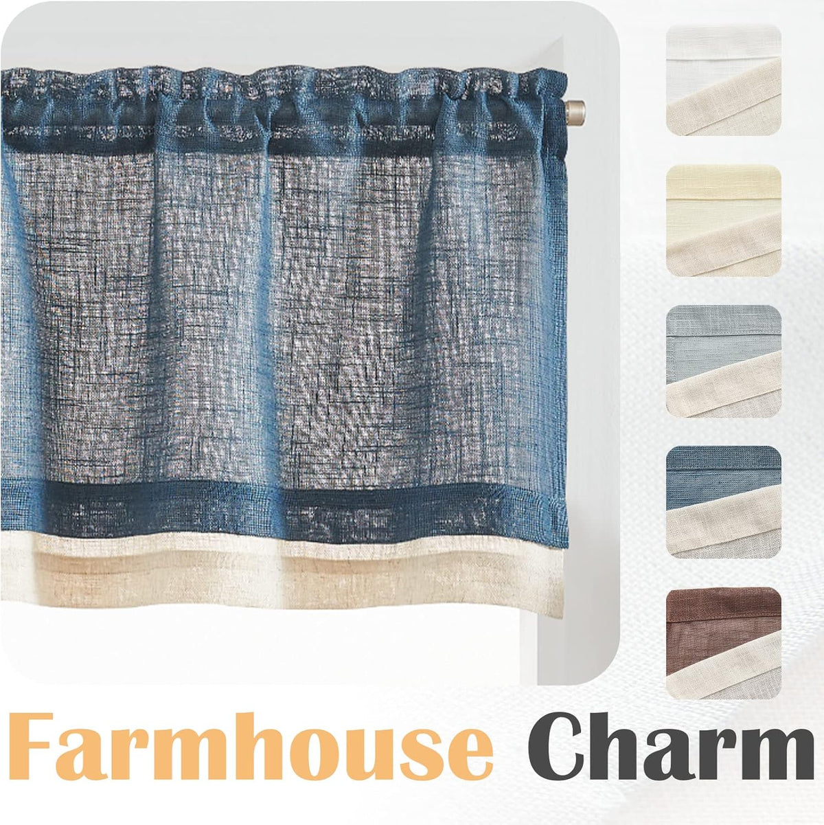 Linen Valance for Farmhouse Living Room Windows 16 Inch Slubbed Crossed Double Layer Window Valance Light Filtering Rustic Country Overlay Rod Pocket 1 Panel Navy Blue